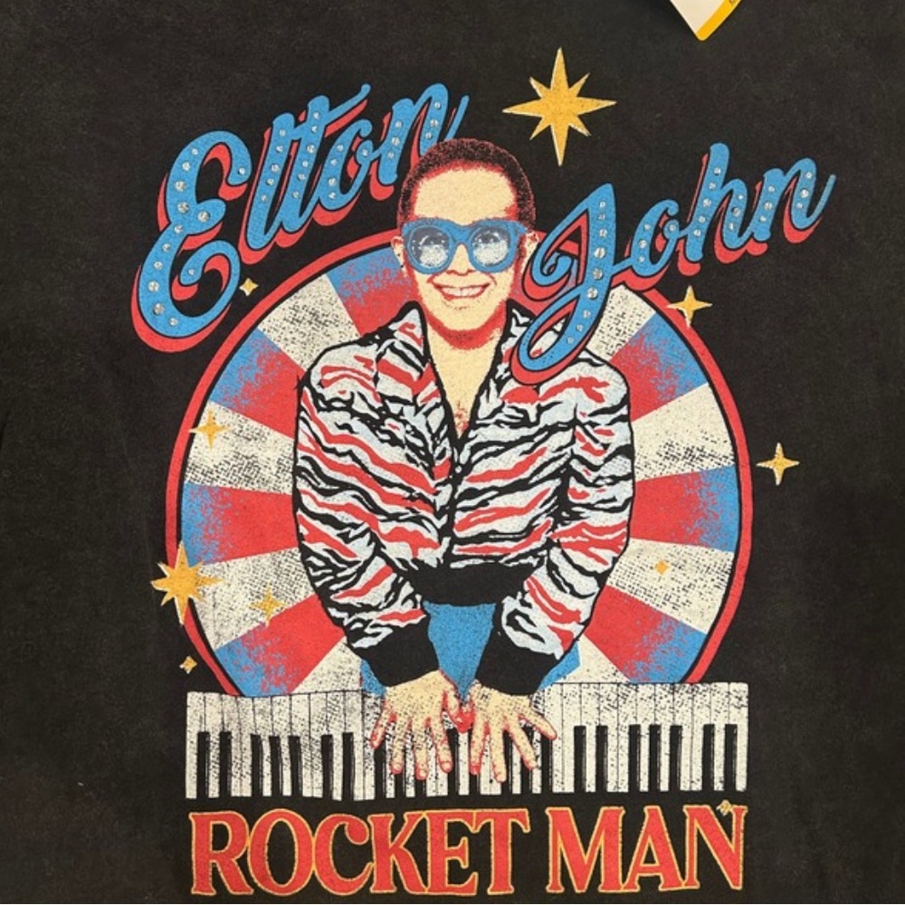 Elton John Rocket Man Graphic T-Shirt | Washed Black | Size Medium | NWT